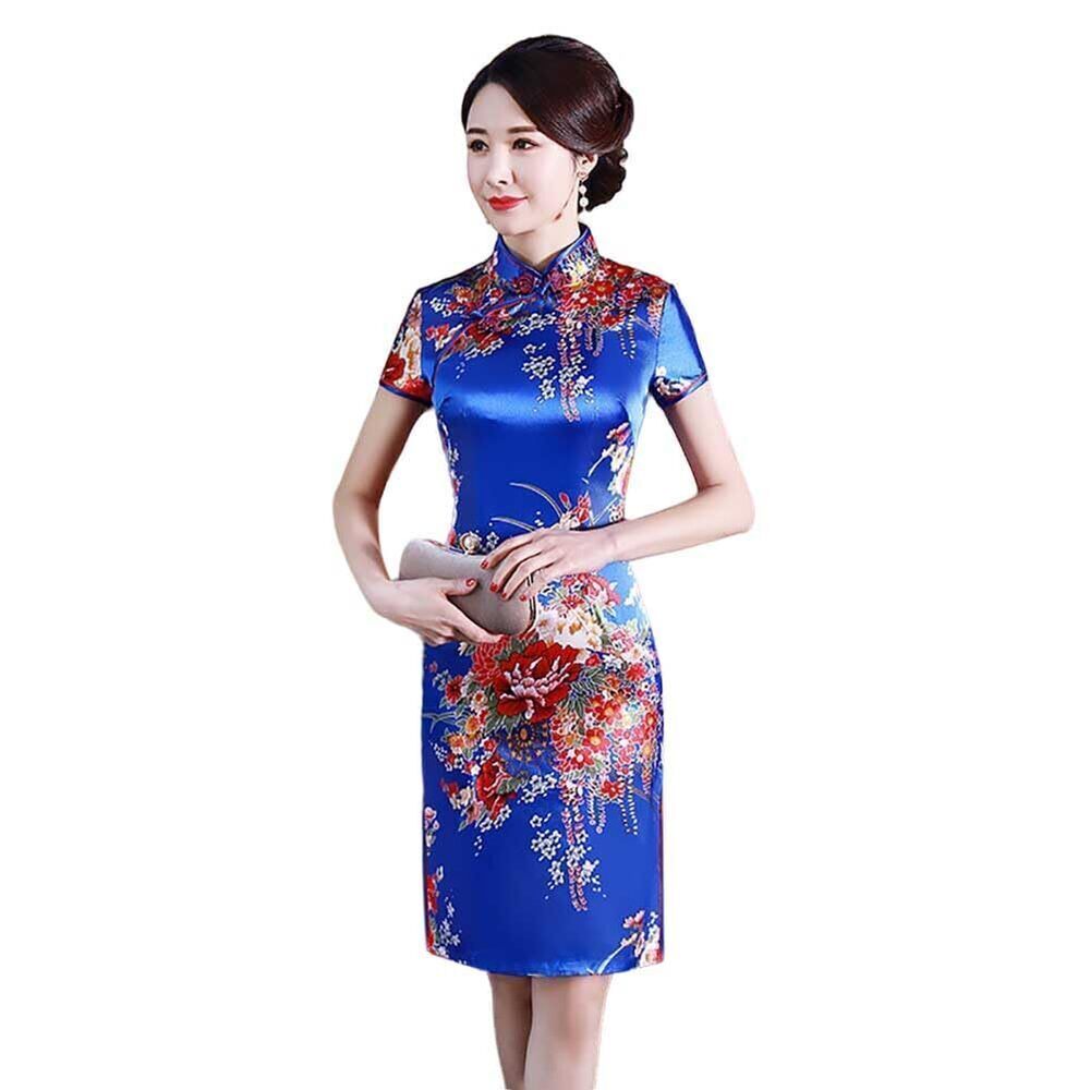 5115 Short Cheongsam Crane Printed Mandarin Collar Side Split Above Knee